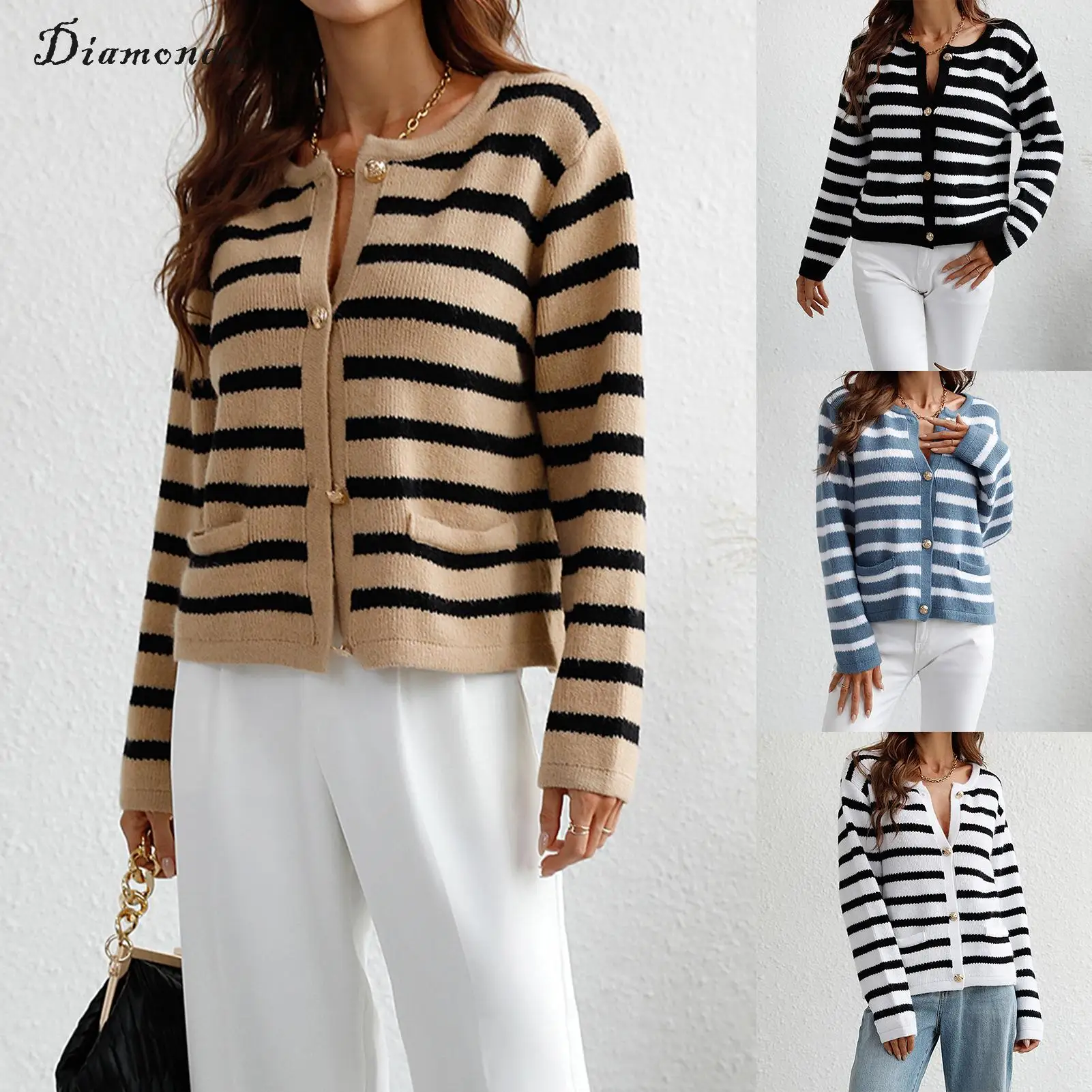 

Women Knit Crew Neck Sweater Long Sleeve Striped Knit Cardigan Open Front Elegant Soft Sweater Outerwear