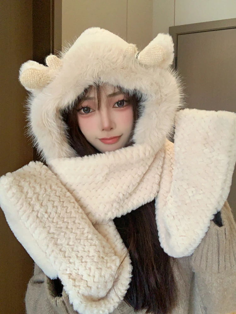 Cute Plush Hat Scarf Integrated Women Winter 2024 New Cycling Warm Gloves Three-Piece Set