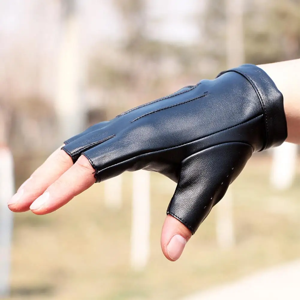 

1 Pair Faux Leather Gloves Half Fingers Smooth Waterproof Adjustable Wrist Unisex Driving Outdoor Sports Halloween Gloves