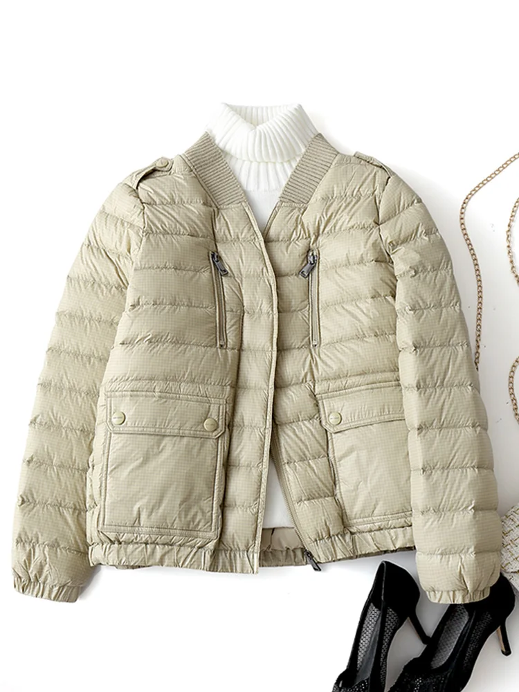 

Fitaylor Winter Women White Duck Down Coat Casual Loose Zipper Pockets Solid Jacket Female V-neck Light Down Parkas Outwear