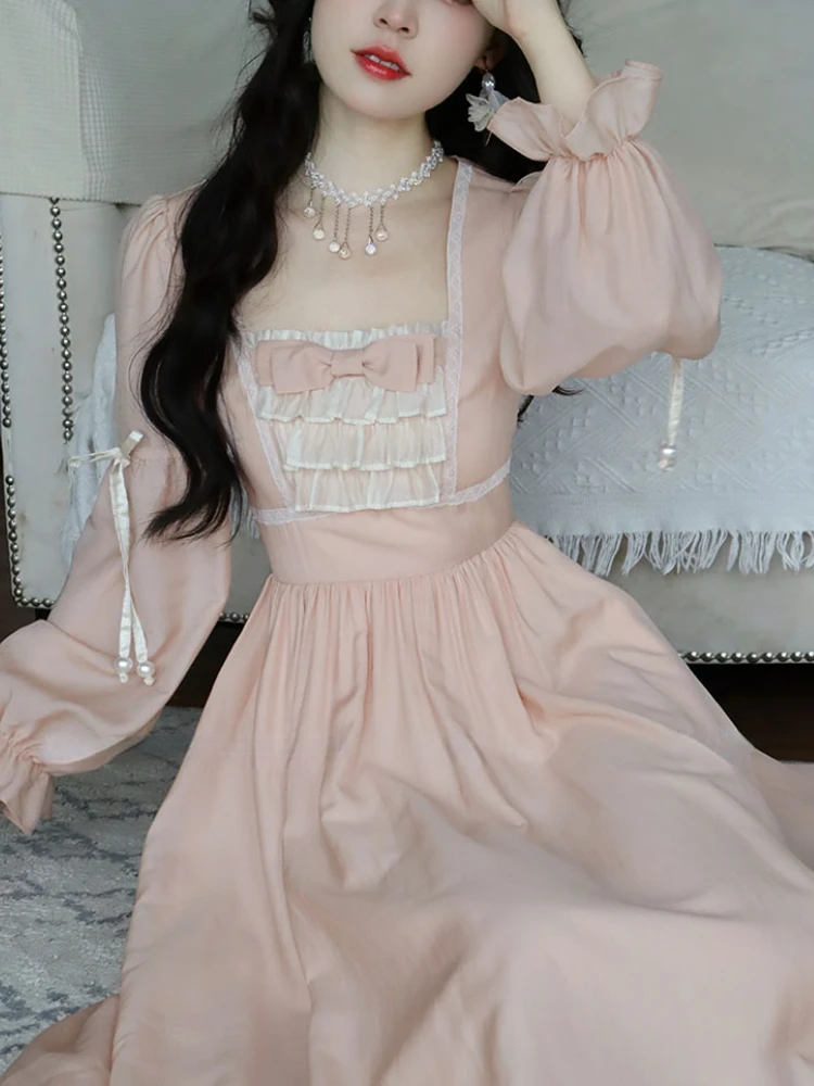 

Pink Elegant Sweet Korean Style Dress Women France Vintage Evening Party Midi Dress Bubble Sleeve Retro Kawaii Fairy Dress 2023