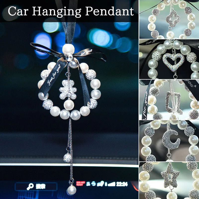 

Diamond Pearl Car Pendant Cute Cartoon Bear Heart Tassels Rearview Mirror Ornament Fashion Rhinestone Woman Car Accessories