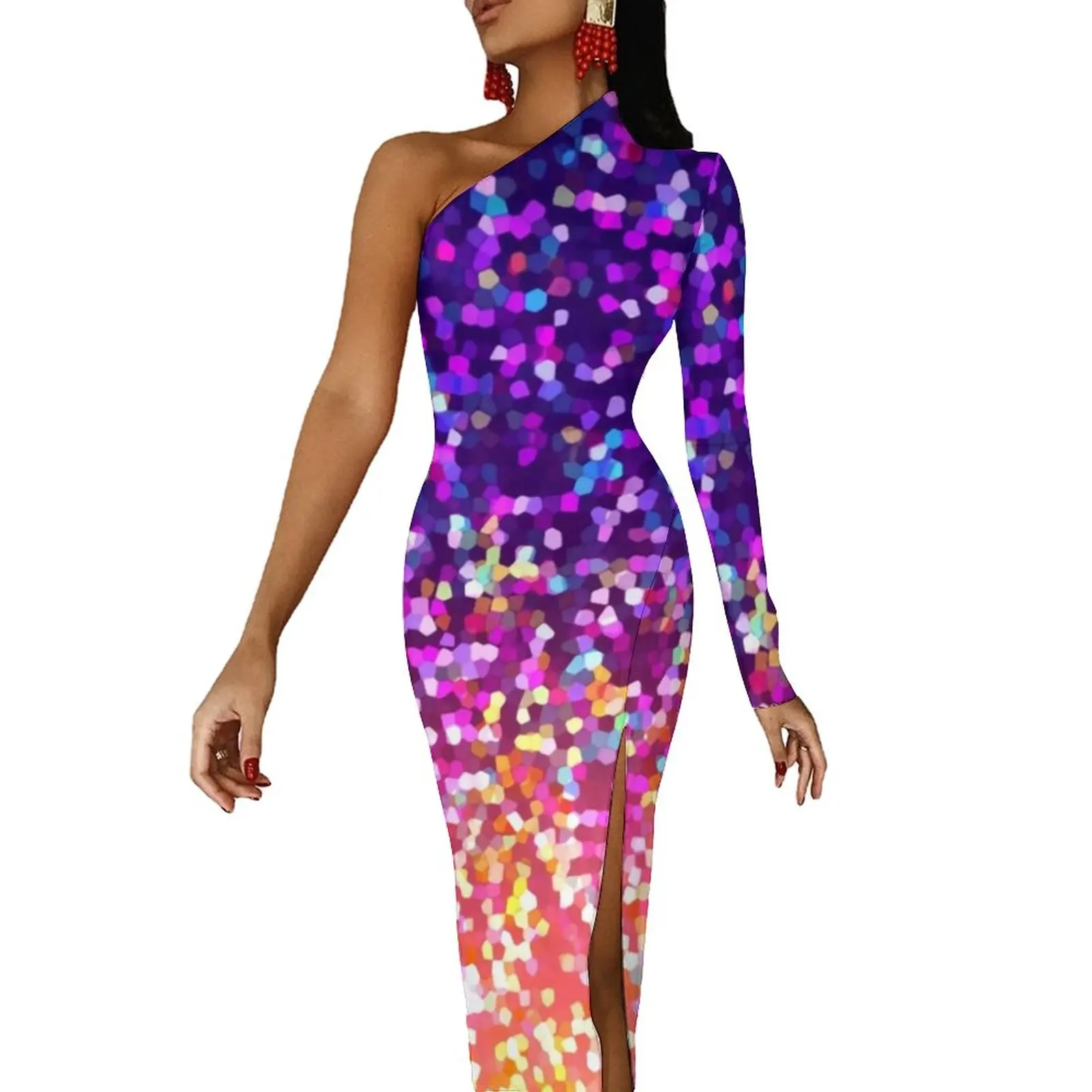 

Sparkle Sequins Print High Slit Bodycon Dress Glitter Graphic Vintage Maxi Dress Autumn Long Sleeve Street Wear Graphic Dresses