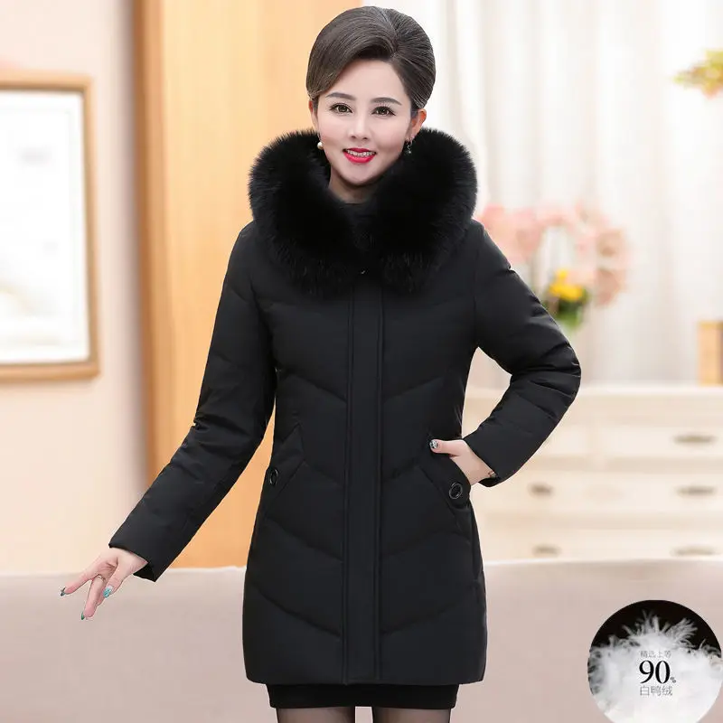 

Middle-aged Winter Coat Women Elegant Fur Collar Down Jacket Women Parkas Hooded Warm Thick Black Jackets Coats Outwear E582