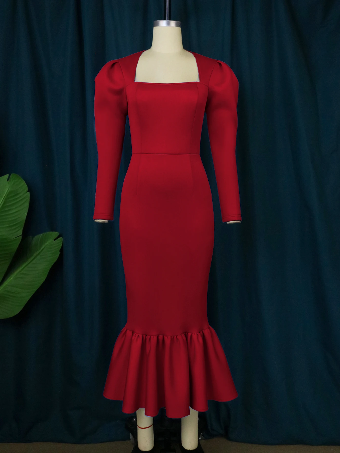 Elegant Midi Dresses Plus Size 3XL 4XL Square Neck Long Sleeve Bodycon Ruffles Office Work Evening Party Event Gowns for Ladies