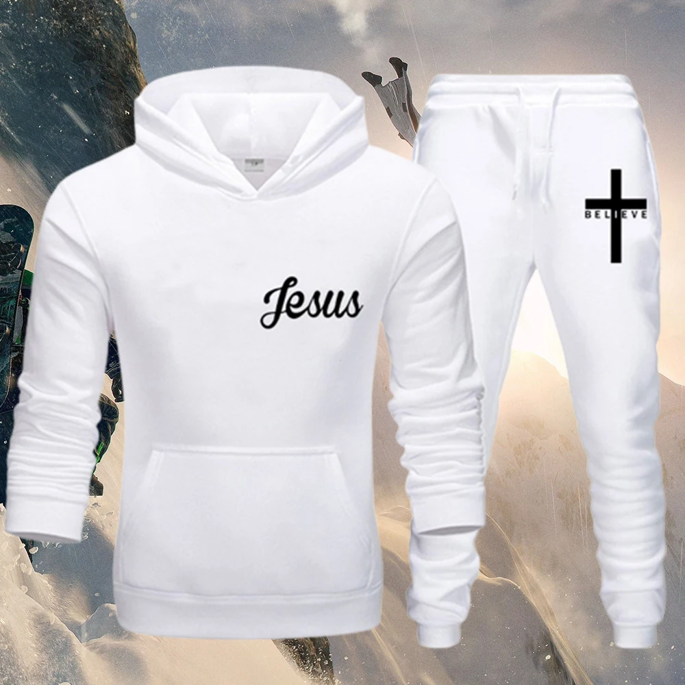 

Outdoor I Believe in Jesus Christ Print Autumn Winter Men's Sports Casual Suit Solid Color Hooded Drawstring Warmed Skiing cloth