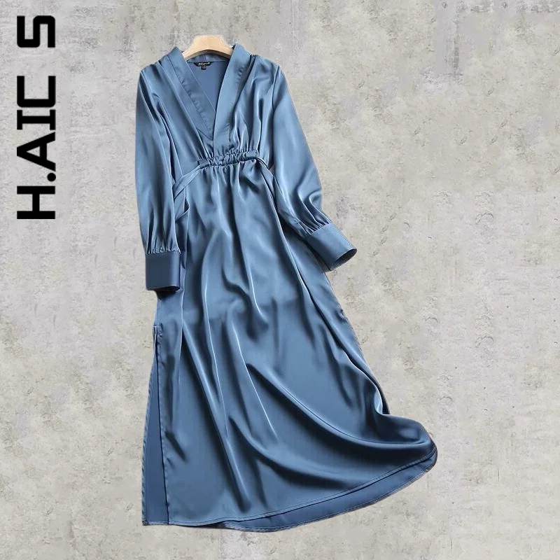 

H.Aic S New Dress Women Loose Long Sleeve V-Neck Midi Dress Harajuku Streetwear Leisure Slim Vestidos Clothing Female