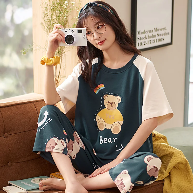 

Women's Sleepwear Women's Summer6535Cotton Short-Sleeved Cropped Pants Two-Piece Suit Korean Cartoon Home Wear Can Be Worn outsi