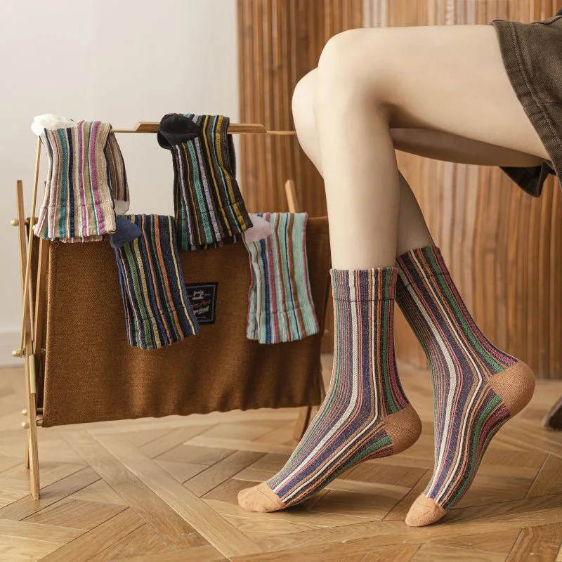 

5 Pair Pack Elegant Socks Women Striped Loose Soft Elasticity Art Creative France Japanese Korea Style Female Sox Middle Tube