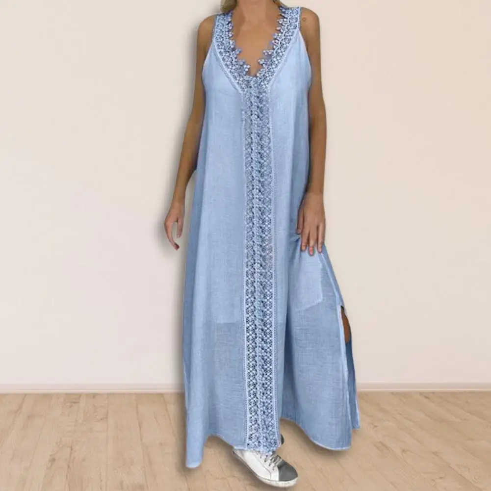 

M-3XL Fashion Women Long Dress Summer Casual Wear Split Hem Long Dress Patchwork for Travel