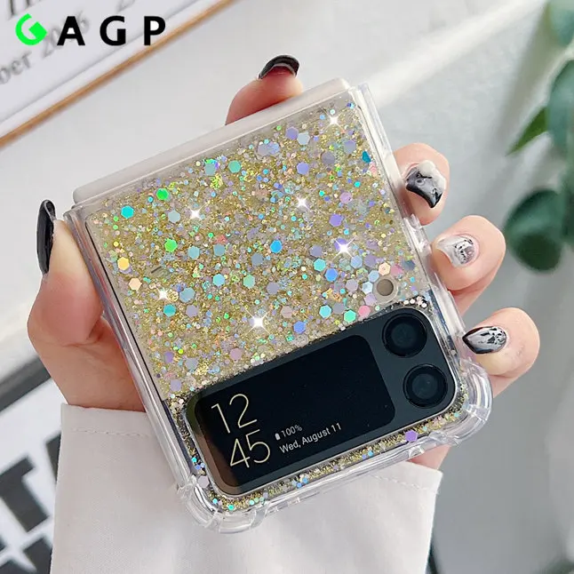 

Luxury Bling Glitter Sequin Shockproof For Samsung Galaxy Z Flip 3 4 Case Transparent Clear Flip4 Flip3 Gold Phone Case Cover