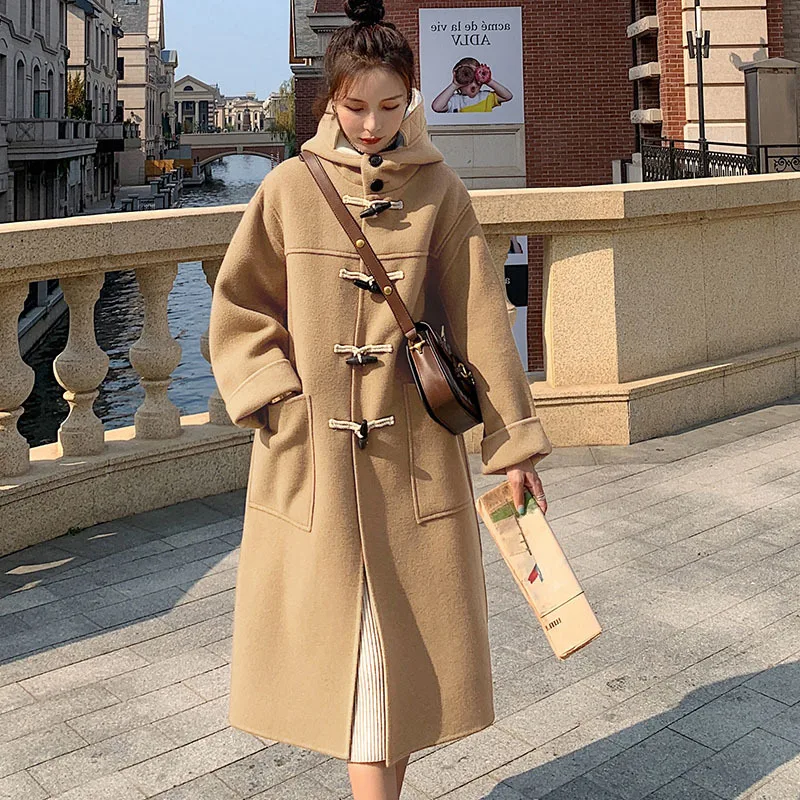 

Women's Long Woolen Coat Winter New Jacket Emperament Commuter Horn Button Coat Korean 2023 Loose Hooded Thickening Clothing