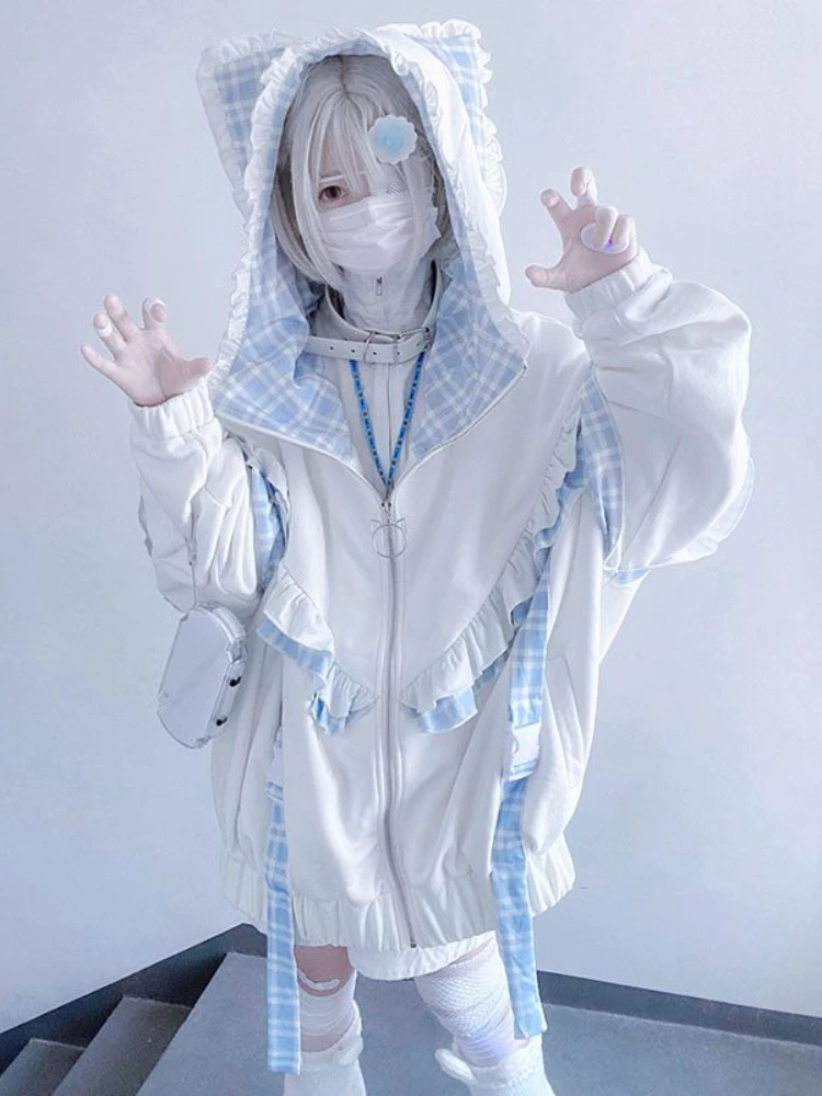 Y2k Эстетические кружевные клетчатые толстовки с рюшами толстые женская уличная