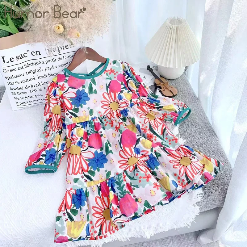 

Повседневное платье Humor Bear, демисезонное платье с длинным рукавом и цветочным рисунком, милая детская одежда