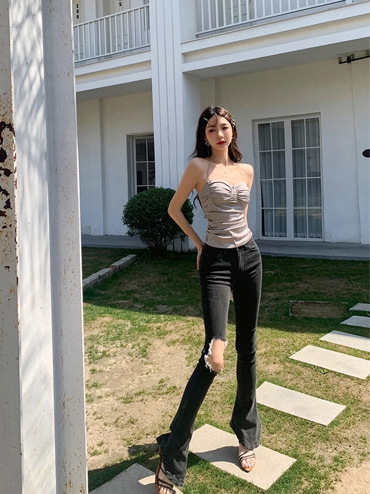 Кроп-топ женский серебристый Шелковый базовый пикантный жилет халтер без