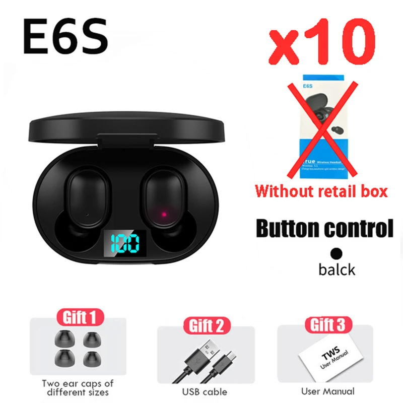 

10Pcs E6S TWS Bluetooth 5.0 Earphone Wireless Headphones Stereo Headset Bass Earbuds with Microphone for Iphone Xiaomi VS A6s