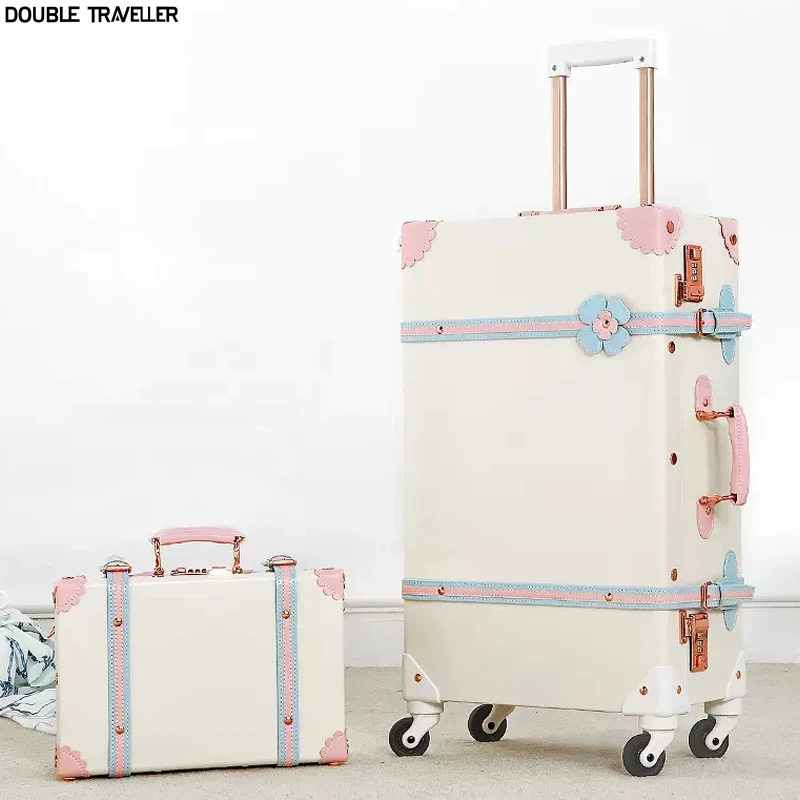 With Wheels Women Girl Vintage Pu Trolley Cosmetic Bag Fashi