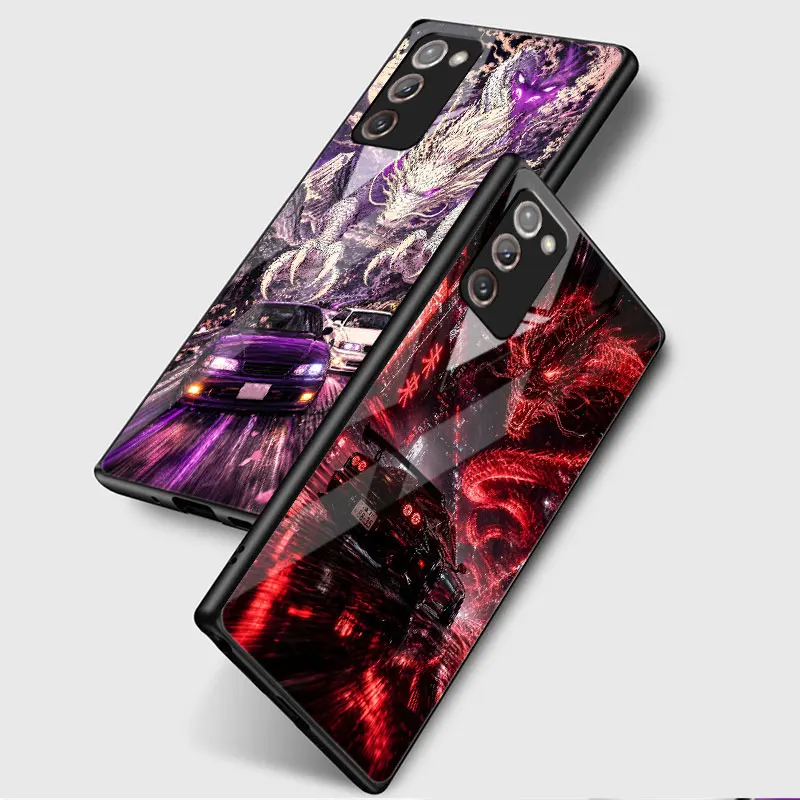 Фото Черный чехол для Samsung Galaxy Note 20 Ultra 5G 10 Plus 9 8 с закаленным стеклом, чехол для телефона M12 J7 Prime, неоново-белый, с изображением дракона и луны. №3