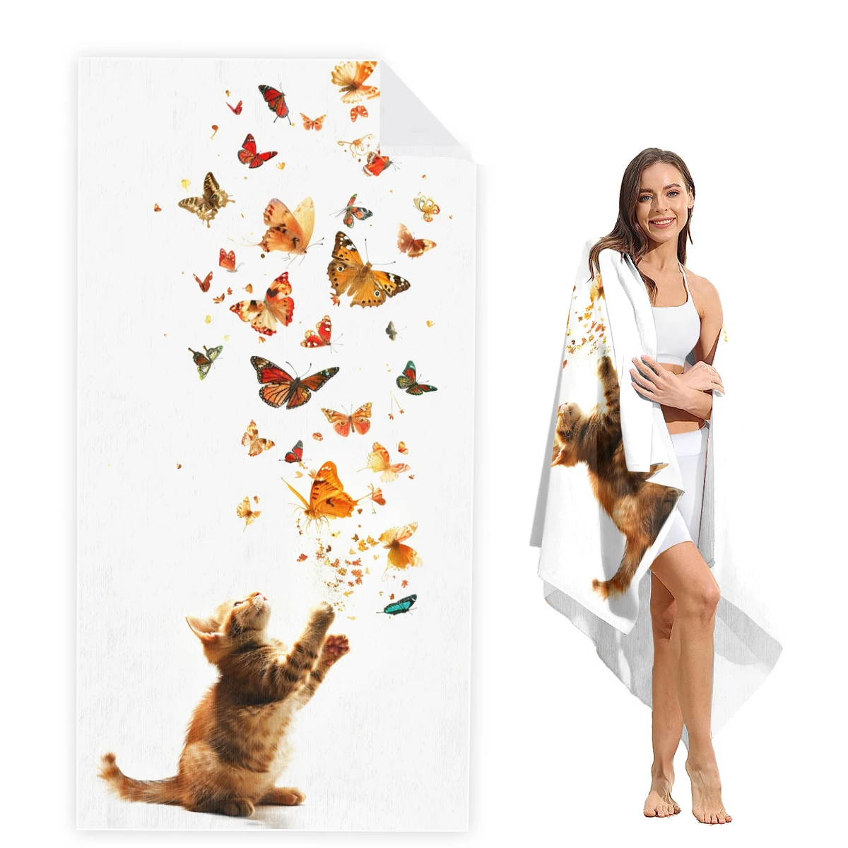 Пляжное полотенце с кошкой огромное супер впитывающее без песка толстое пляжное