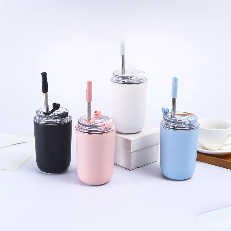 

300ml Milk Jiuce Cafe Coffee Thermos Mug With Straws Case Car Vacuum Flask Travel Stainless Steel Insulated Bottle Kitchen Tools