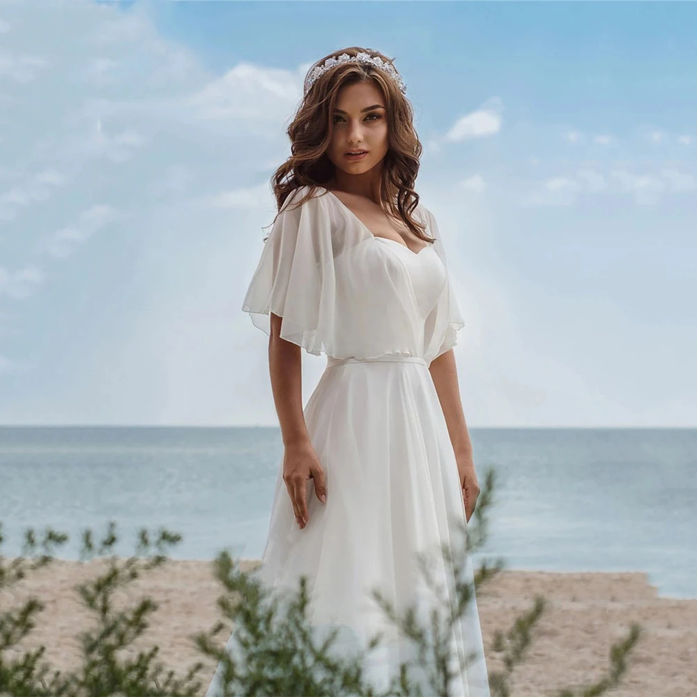 Фото Простое шифоновое пляжное свадебное платье для женщин Csutom Robe De Mariee индивидуальный платье сердечко вырез трапециевидный богемный свадебный №3
