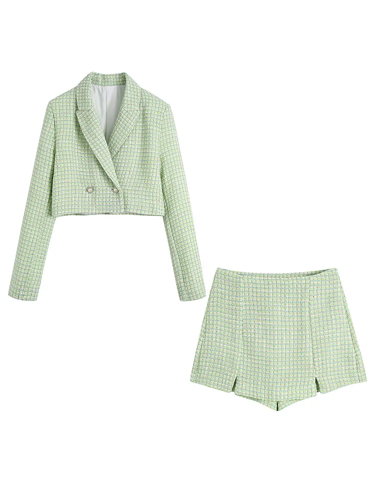 

2022 Модные клетчатые текстурированные твидовые шорты с пуговицами из искусственного жемчуга, двубортный укороченный блейзер и шорты, компл...