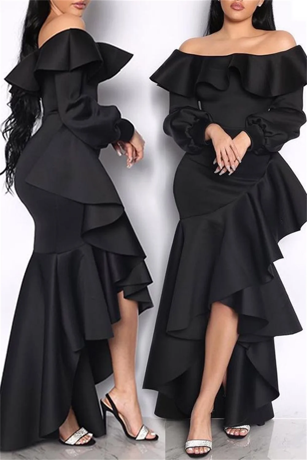 Women Elegant Evening Gown Sexy Off-Shoulder Backless Long Puff Sleeve Party Dress Fashion Mermaid Cascading Ruffles Prom Dress