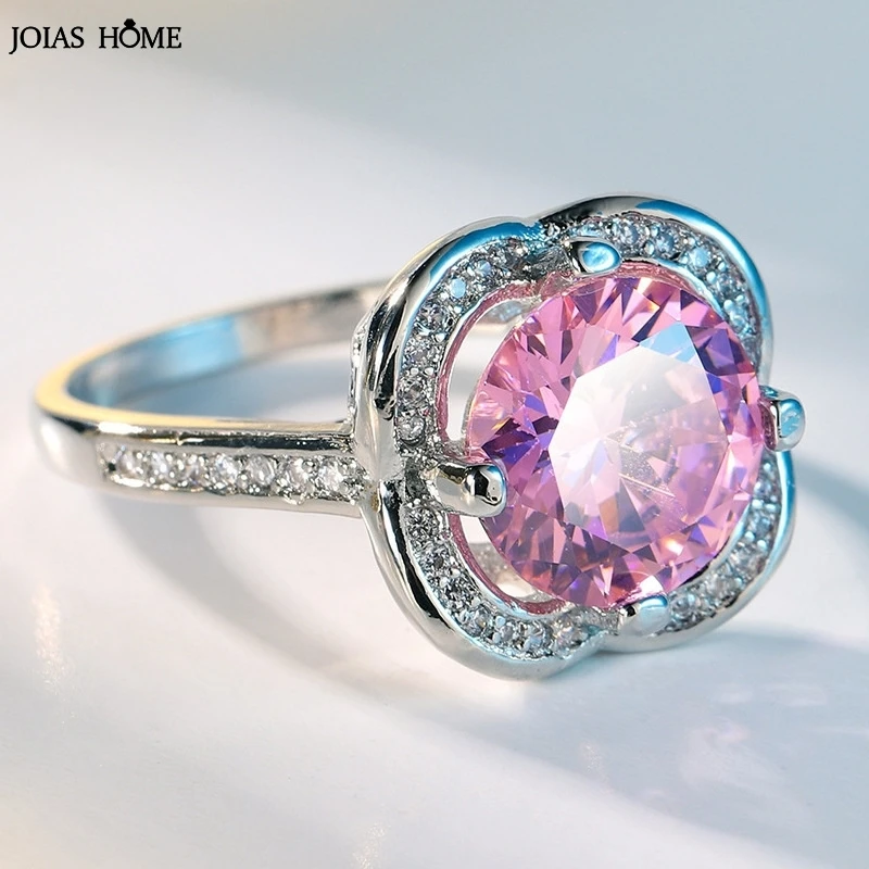 

Joiashome Flower Zircon Rings For Women 925 Sterling Silver Vintage Luxury Pink Gemstone Rings Anniversary Wedding Jewelry