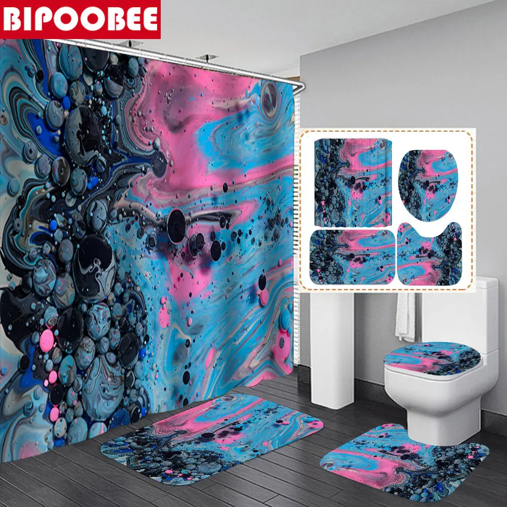 

Acrylic Bubbles Art Painting Shower Curtain Bathroom Curtains with Hooks Artistic Color Bath Mats Toilet Cover and Non-slip Rugs