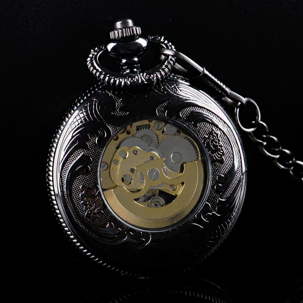 All Black Hunter Retro Mechanical Pocket Watch Collection Hand Wind Casual Fashion Men Women Fob Chain Watches