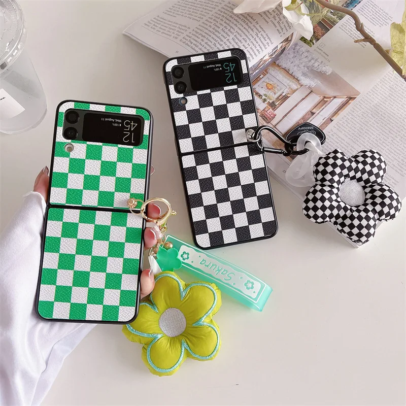 

Green Black Checkerboard PU Leather Phone Case for Samsung Galaxy Z Flip 3 Back Cover for ZFlip3 Cases Protective Shell