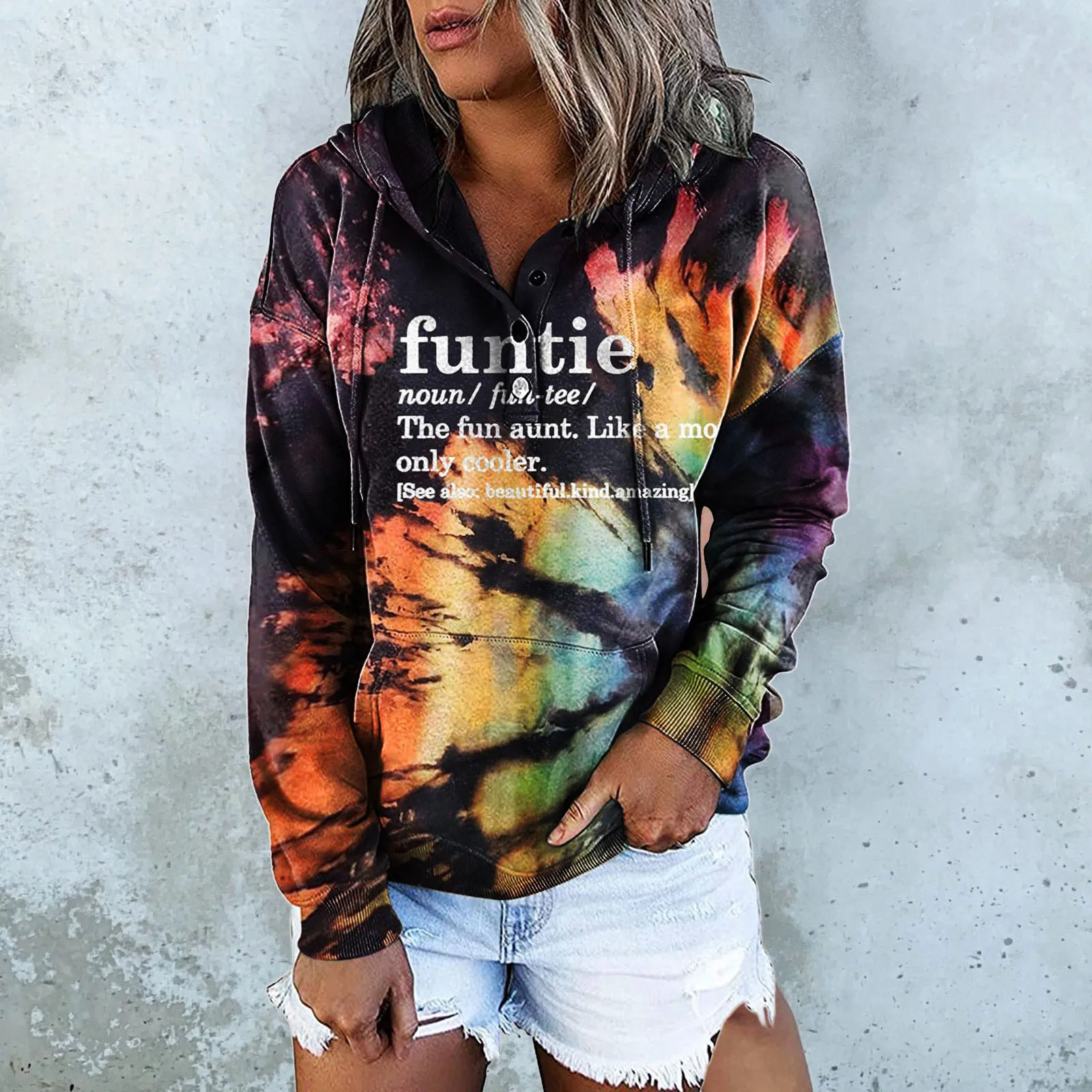 

Women's O-Neck Hooded Drawstring Tie-Dye Print Long Sleeves Blouses Shirts Top Womens Long Hoodies Zip up