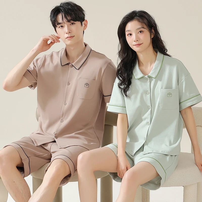 Новейший комплект пижам для пары летняя одежда сна из 100% хлопка с отложным
