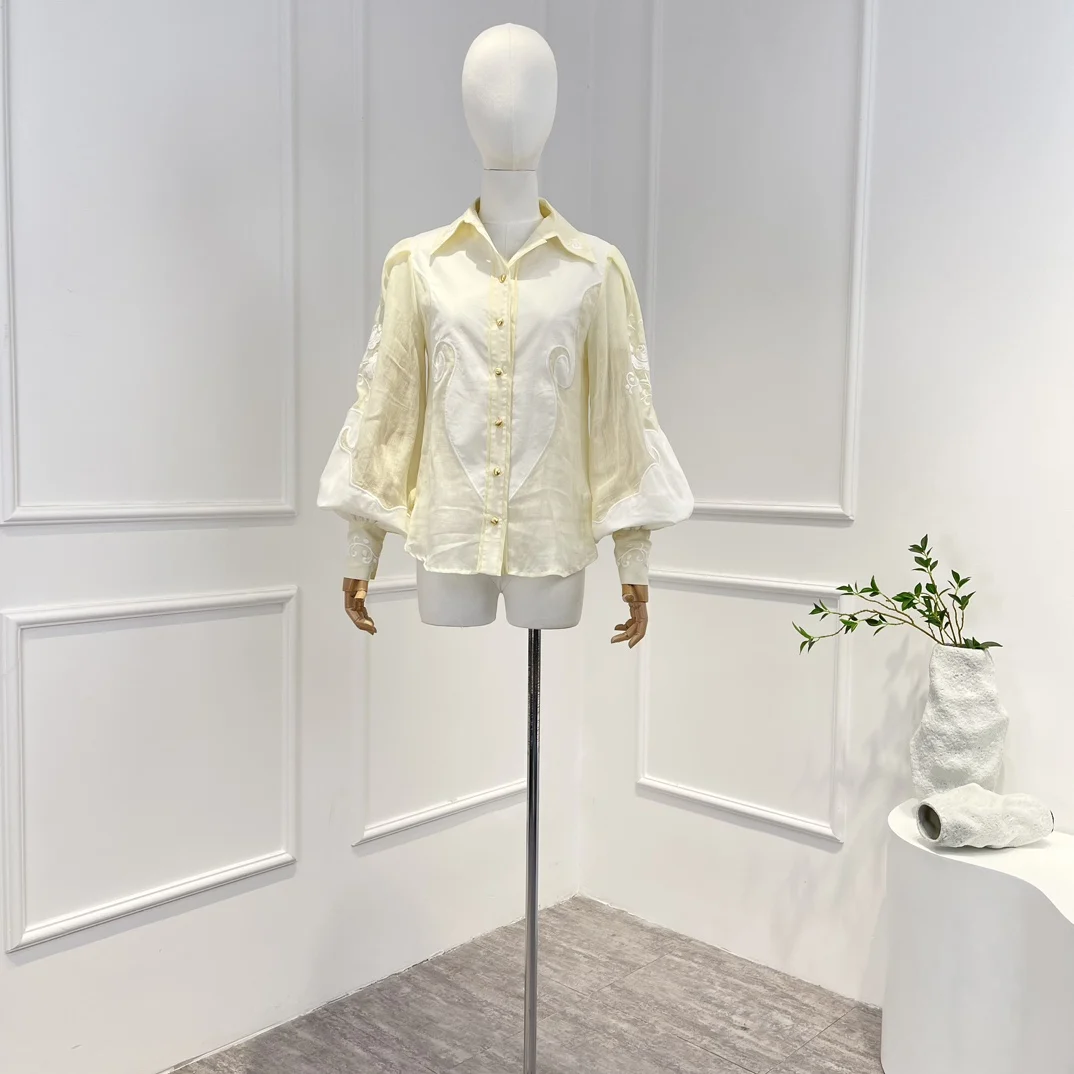 

2023 Spring Summer High Quality White Vintage Semi-sheer Emboridery Patchwork Long Lantern Sleeve Commuter Women Blouse