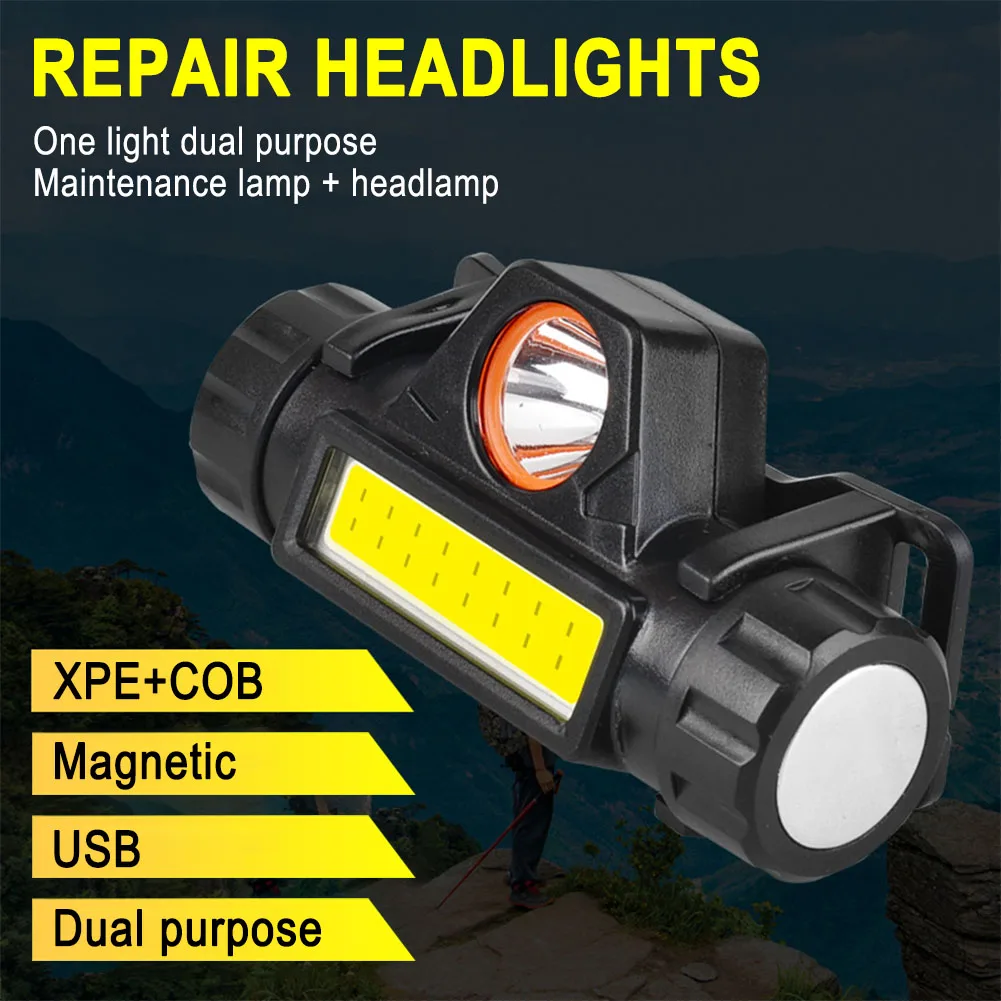 

Portable Camping Headlamp XPE+COB Powerful LED Flashlight Waterproof USB Rechargeable Headlight Head Torch Head Lamp Outdoor