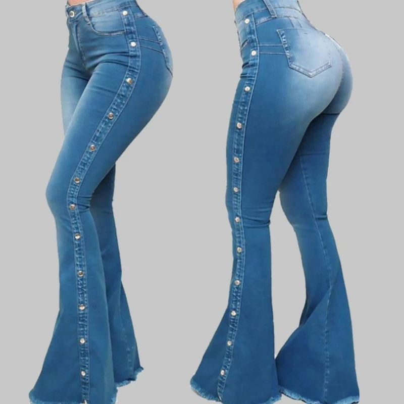

Летние женские расклешенные джинсы с высокой талией, широкие штанины, облегающие эластичные удобные джинсовые брюки, модные облегающие джи...