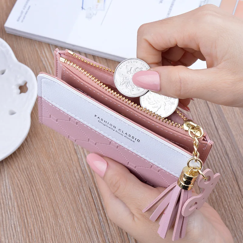 

Cute Card Embossed Short Mini Wallet Wallets Patchwork Bag Zipper Tassel Holder Purse Women Simple Money Small Pink Checked