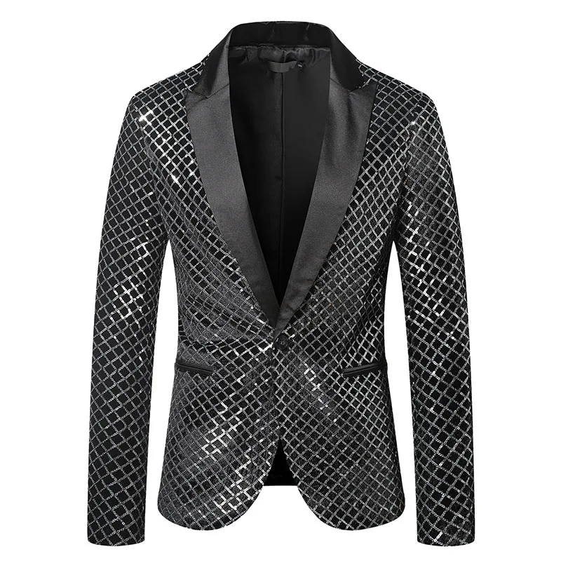 

Silver Sequins Plaid Pattern Suit Jacket Blazer Mens Brand New Slim Fit One Button Blazers Men Party Stage Singer Costume Homme