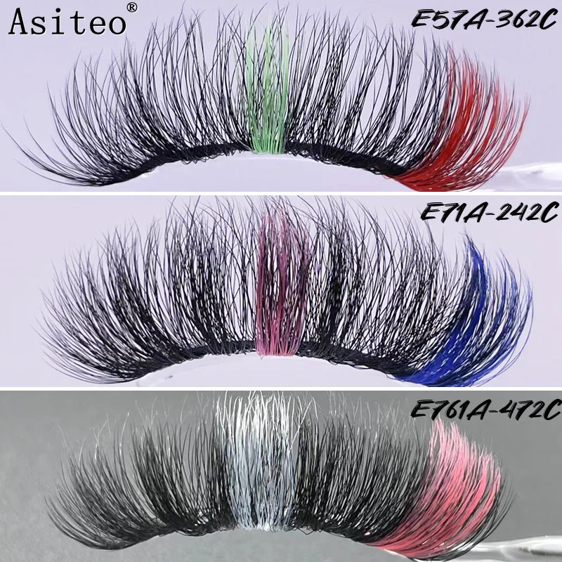 

Asiteo 25mm Faux Mink Colored Lashes Dramatic Long Natural Cruelty Free Wholesale Fluffy Thick 5D Two Tone Colorful Eyelashes