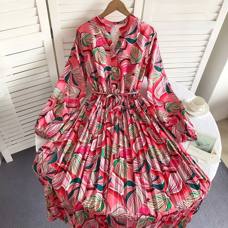 

Женское шифоновое платье с цветочным принтом, длинное плиссированное платье-трапеция до середины икры с V-образным вырезом и длинными рукавами, осеннее платье с цветочным принтом и поясом