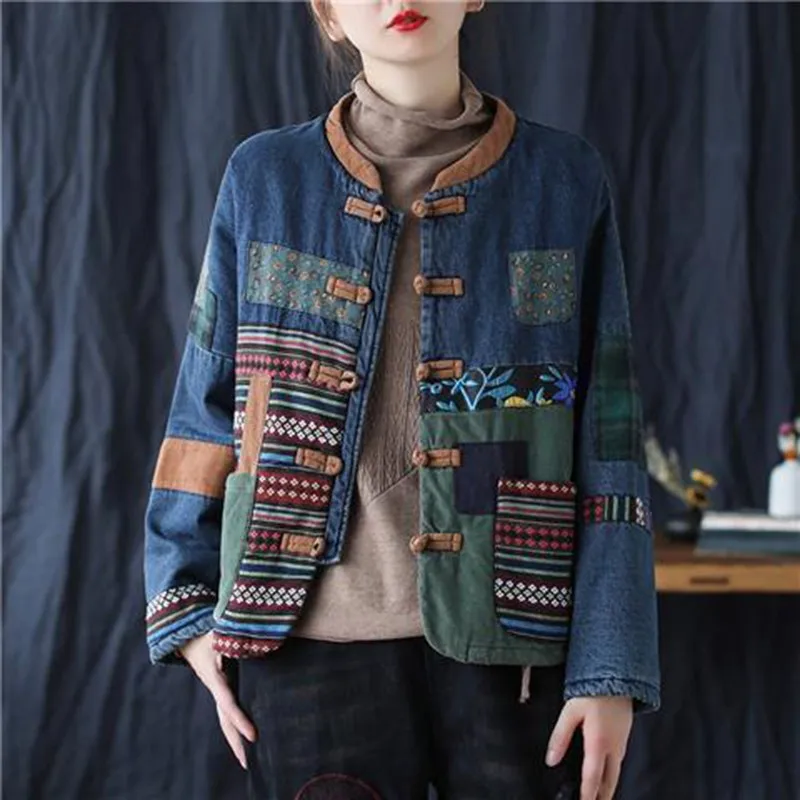 

Женская однобортная короткая куртка, толстая хлопковая куртка с длинным рукавом и винтажным принтом, в декоративном стиле, C567, Осень-зима 2022