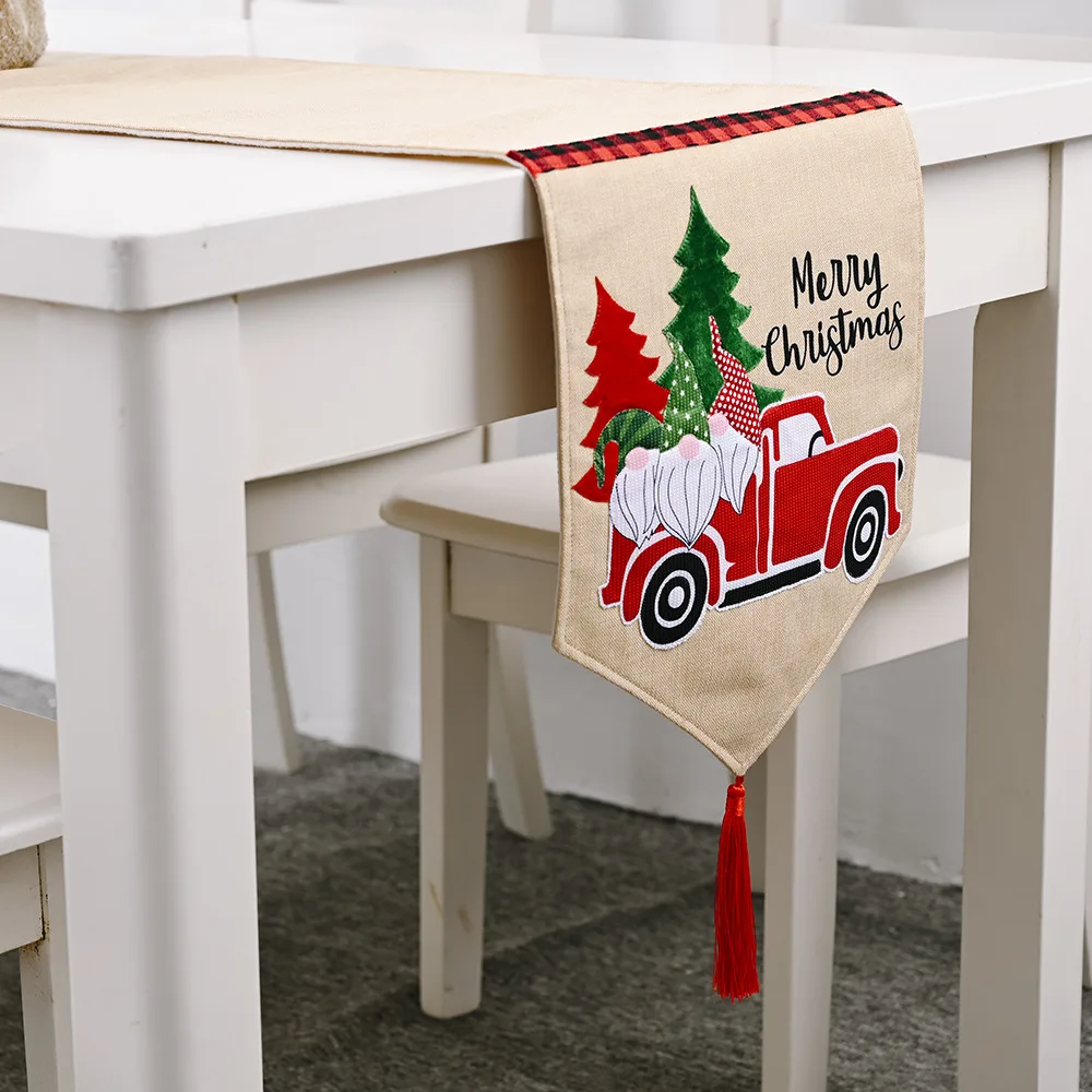 

High Quality Sewing Linen Dinning Table Flag with Merry Christmas Truck santa design festival desk cloth Home Dinning room decor