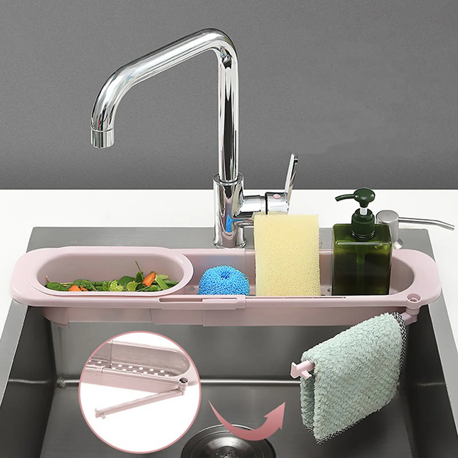

Telescopic Sink Shelf Kitchen Sink Organizer Towel Hanger Soap Sponge Holder Drain Rack Storage Basket Kitchen Accessories Tool