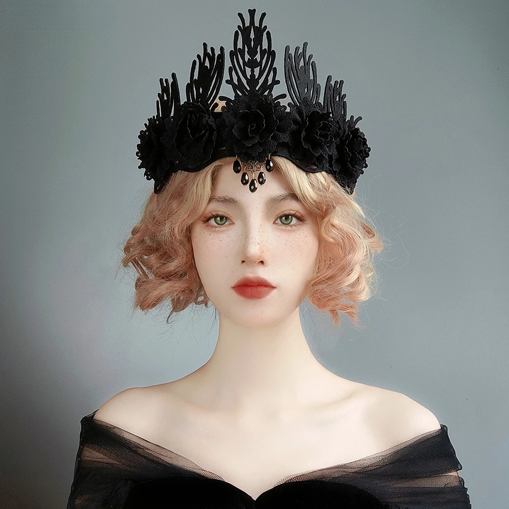 

Black Headband Baroque Vintage Queen Crown Death Halloween Ghost Festival Carnival Hair Accessories Loc Jewelry Tassel Headdress