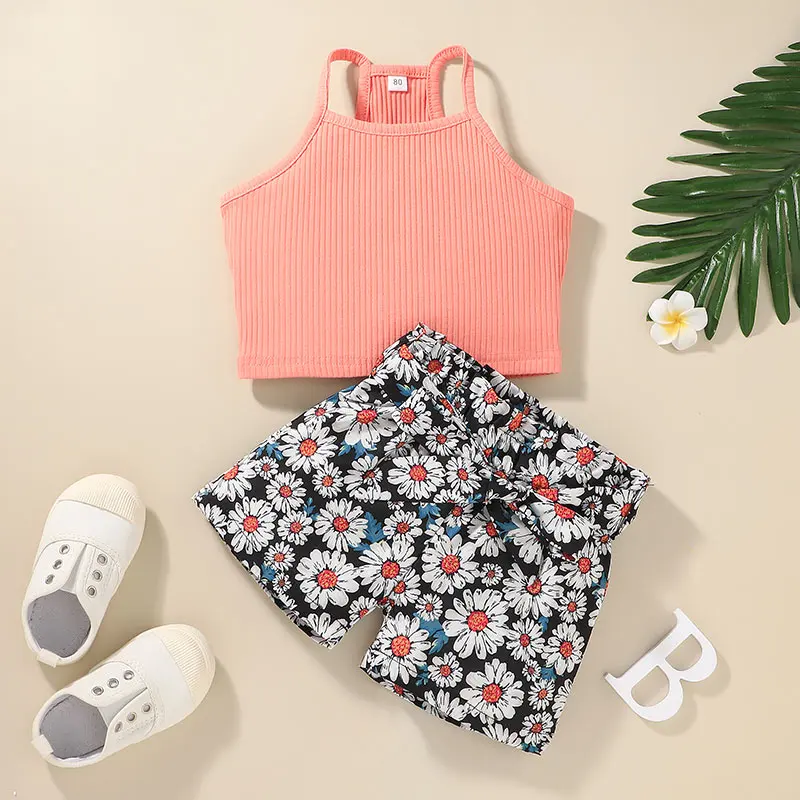 

Children Clothing Summer Toddler Girls Clothes Sling Top+Floral Print Shorts Outfit Kids Tracksuit Suits For Girls Clothing Set