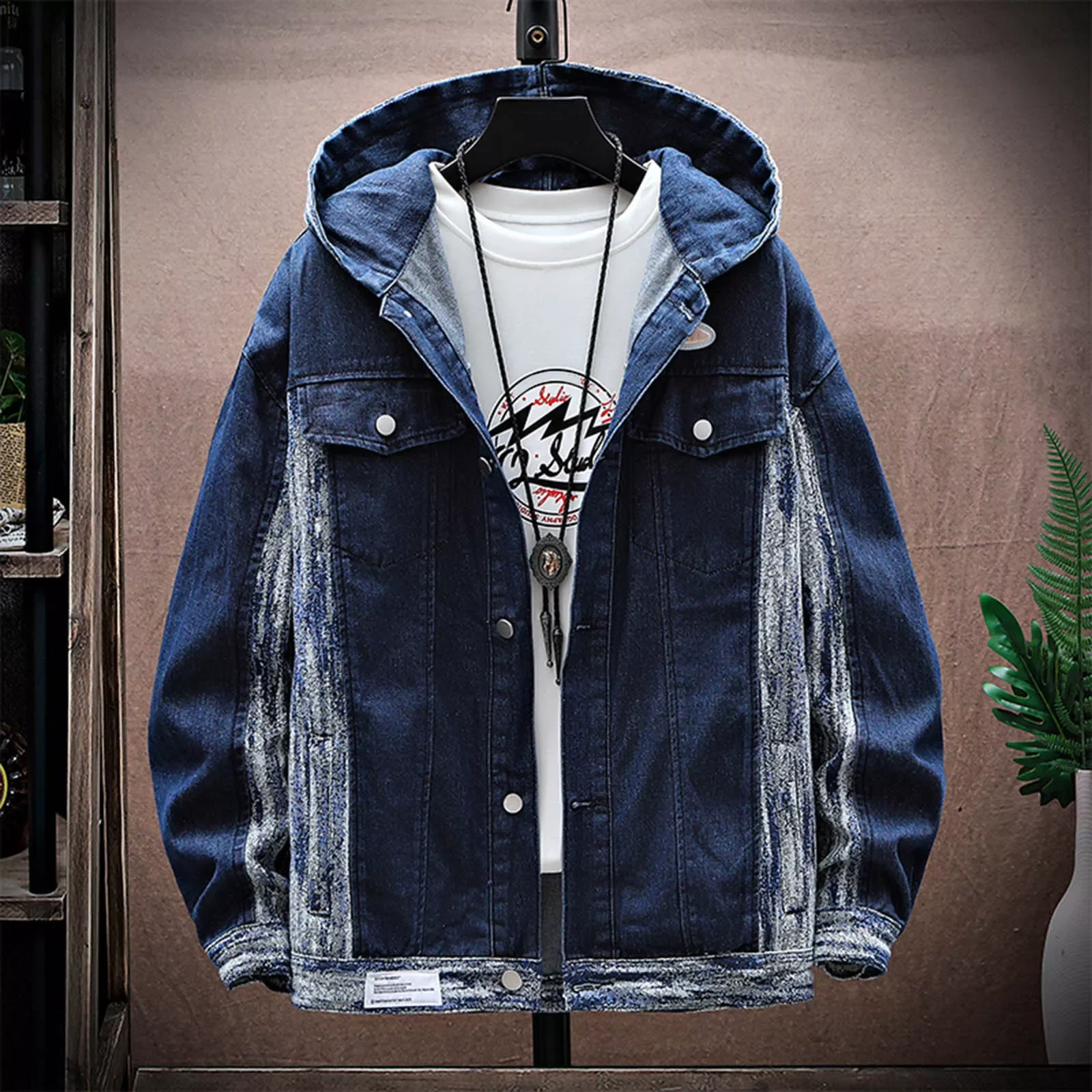 

NEW IN Mens Spring And Autumn Fashion Leisure Solid Color Buckle Hooded Denim Jacket Coat Top Rain Jacket Shell Women