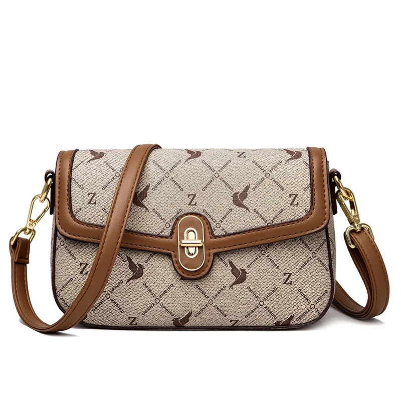 

Women's Luxury Flap Lock Small Square Bag Vintage Print Fashion Shoulder Bag Premium Leather Simple Ladies Designer Handbags
