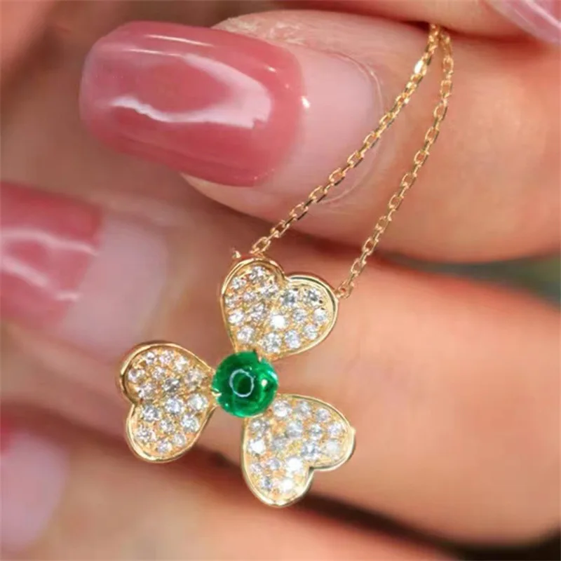 

Flower 925 Sterling Silver & 14K gold Plated Pendant Necklace Green Gemstone Unique Wedding Fine Jewelry With 45cm Chain