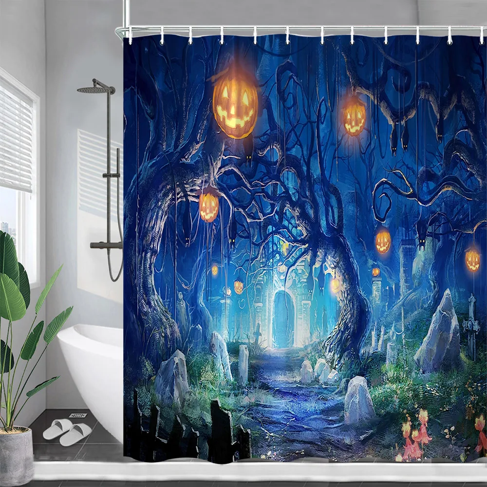 Ужасная занавеска для душа на Хэллоуин, забавные тыквы, мертвые деревья, Ночной лес, пейзаж, домашняя настенная подвесная декорация для ванной комнаты с крючками