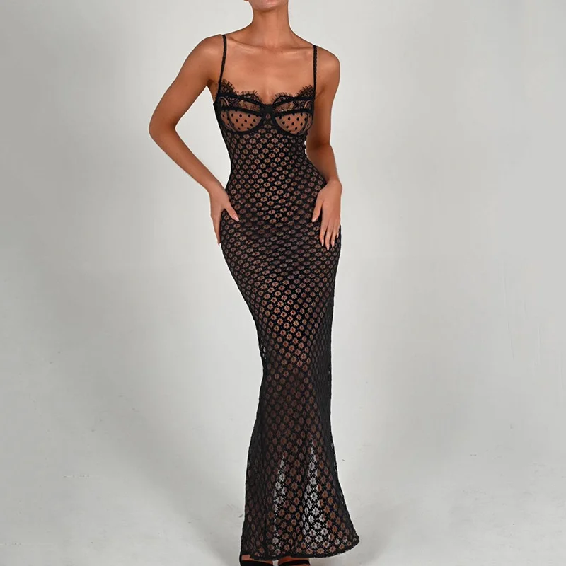 

2023elegant casual dress,summer New fashion Sexy Sling Skirt Fashion Lace Backless Split Polka Point Dress